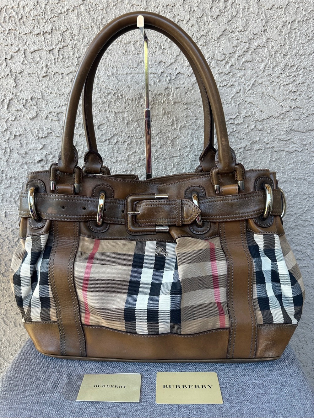 BURBERRY Brown Plaid Leather-Trim Satchel